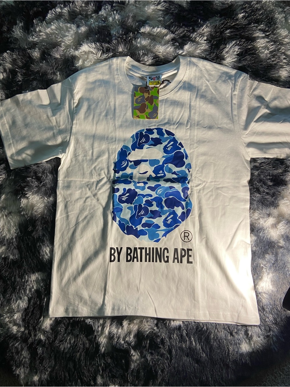 Bape White T-Shirt with Blue Camo Ape Head